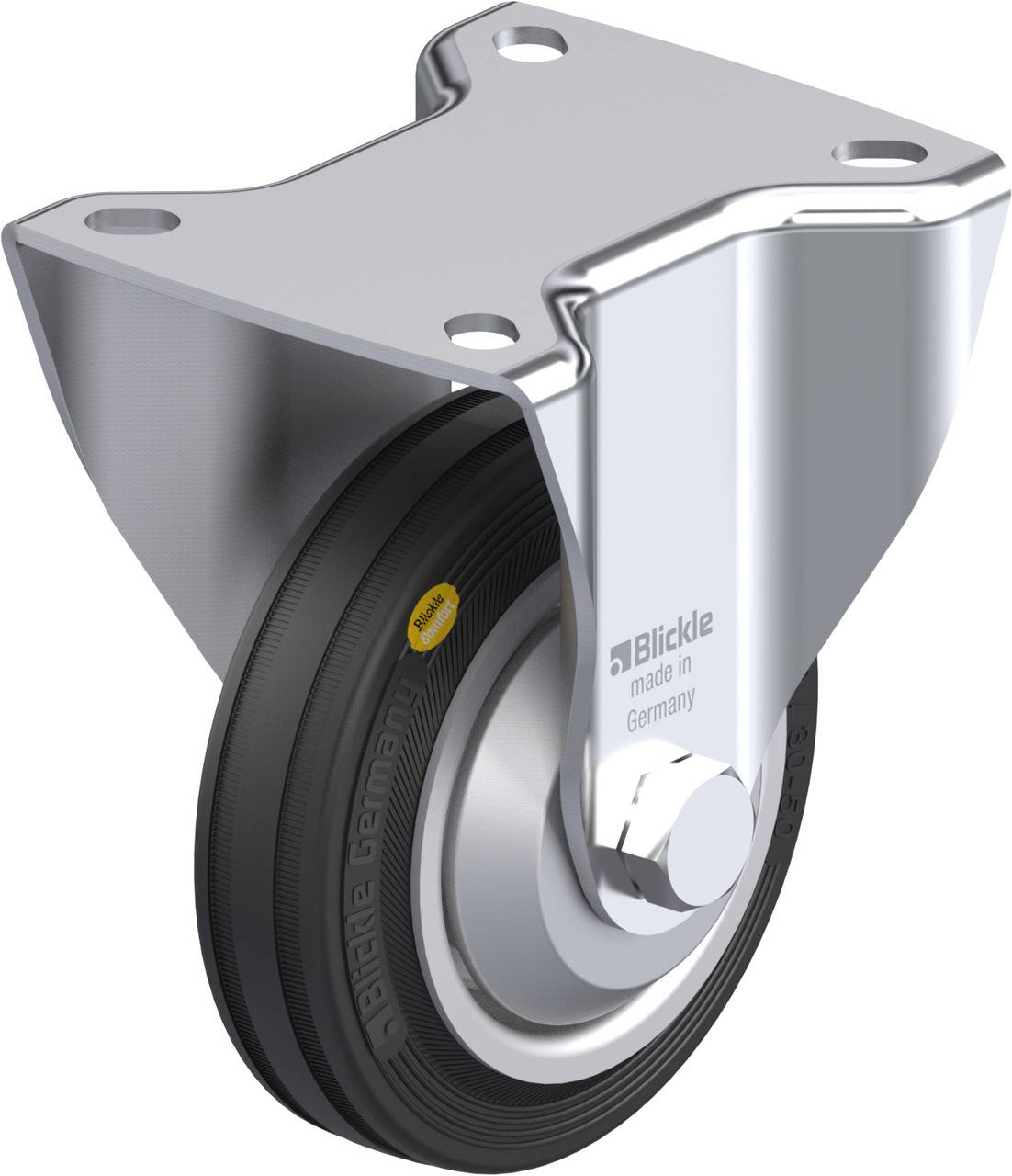 Rolle mit Metallhalterung von Blickle, geeignet für industrielle Anwendungen. Sichtbar ist eine Befestigungsplatte oben.