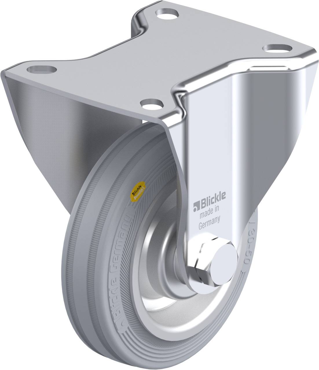 Metallrolle mit Halterung und Aufdruck 'Blickle made in Germany'.