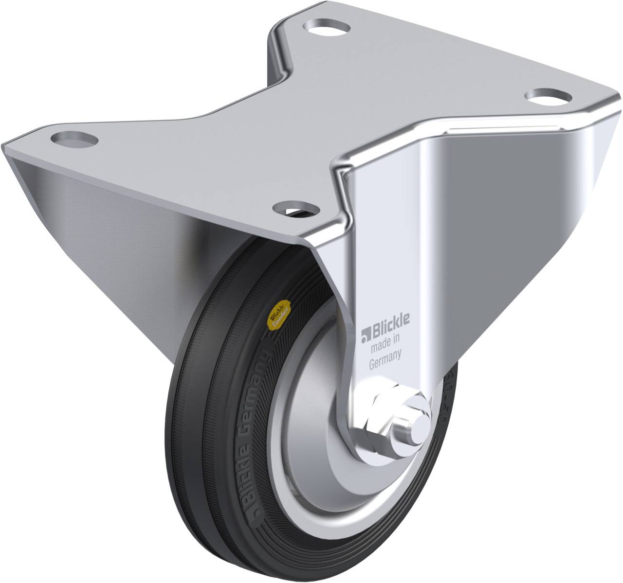Ein einzelnes, schwenkbares Rad aus Metall mit schwarzem Reifen, geeignet für Möbel oder Transportwagen, zeigt den Schriftzug 'Blickle Germany'.