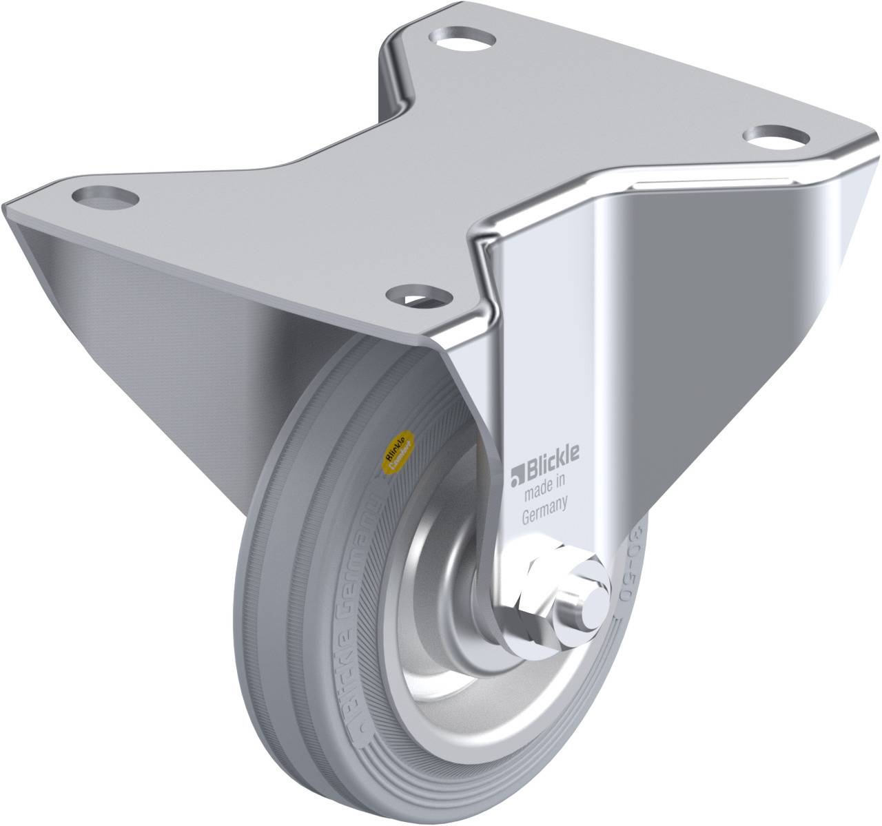 Rollenlager aus Metall mit Gummireifen, montiert in einem stabilen Stahlgehäuse. Geeignet für schwere Lasten in industriellen Anwendungen.