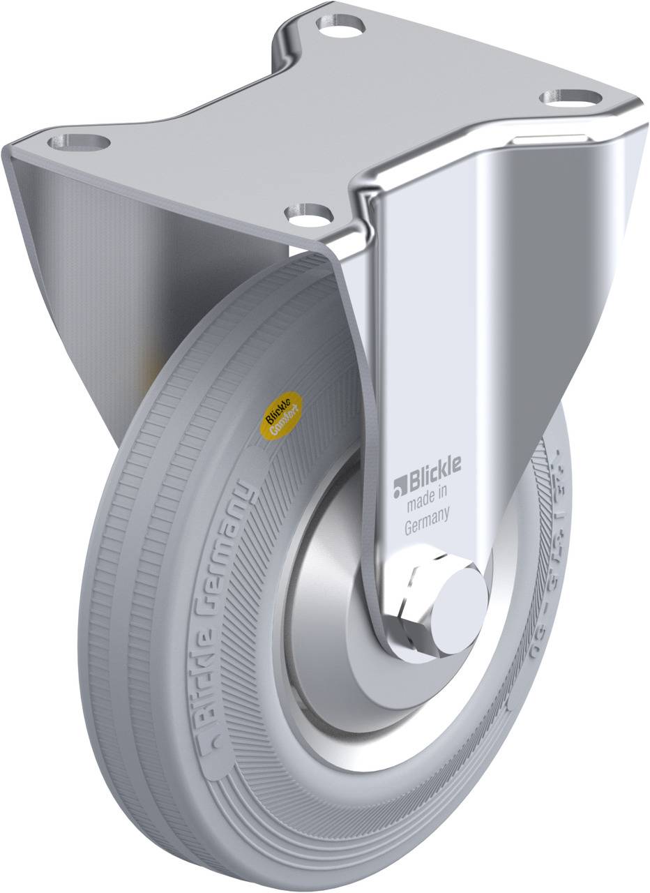 Graue Lenkrolle mit Metallgehäuse von Blickle, geeignet für Industrieanwendungen. Gehäuse glänzend, Rad mit Rillenprofil.