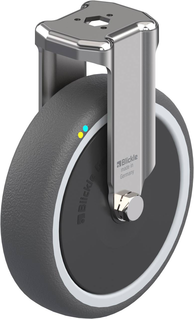 Ein robustes, graues Laufrollenrad mit Metallhalterung von Blickle, geeignet für industrielle Anwendungen, mit gleichmäßigem Radprofil.