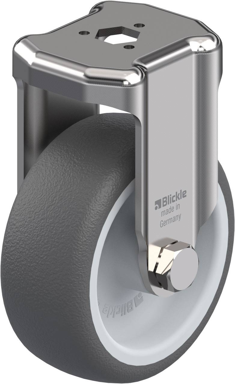 Graue Rolle mit schwarzem Reifen und verchromtem Metallgehäuse, darauf 'Blickle, made in Germany' aufgedruckt.