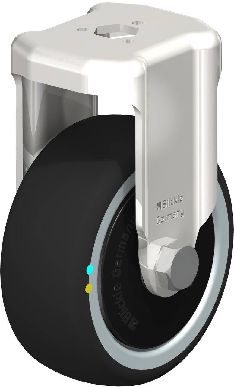 Gummirad mit Metallgehäuse, Seitansicht. Geeignet für Möbel oder Industrieanwendungen. Silbernes Gehäuse kontrastiert mit schwarzem Rad.