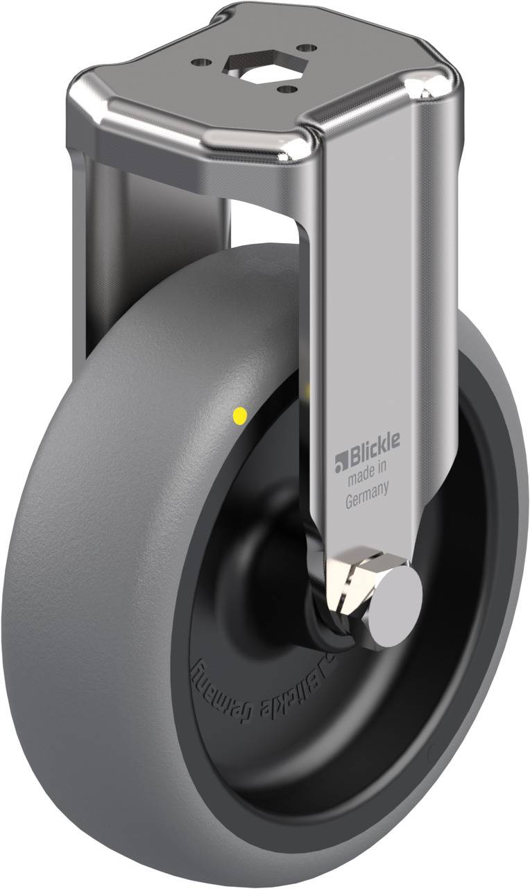 Industrie-Transportrolle mit grauer Gummibereifung und silbernem Metallgehäuse, geeignet für schwere Lasten.