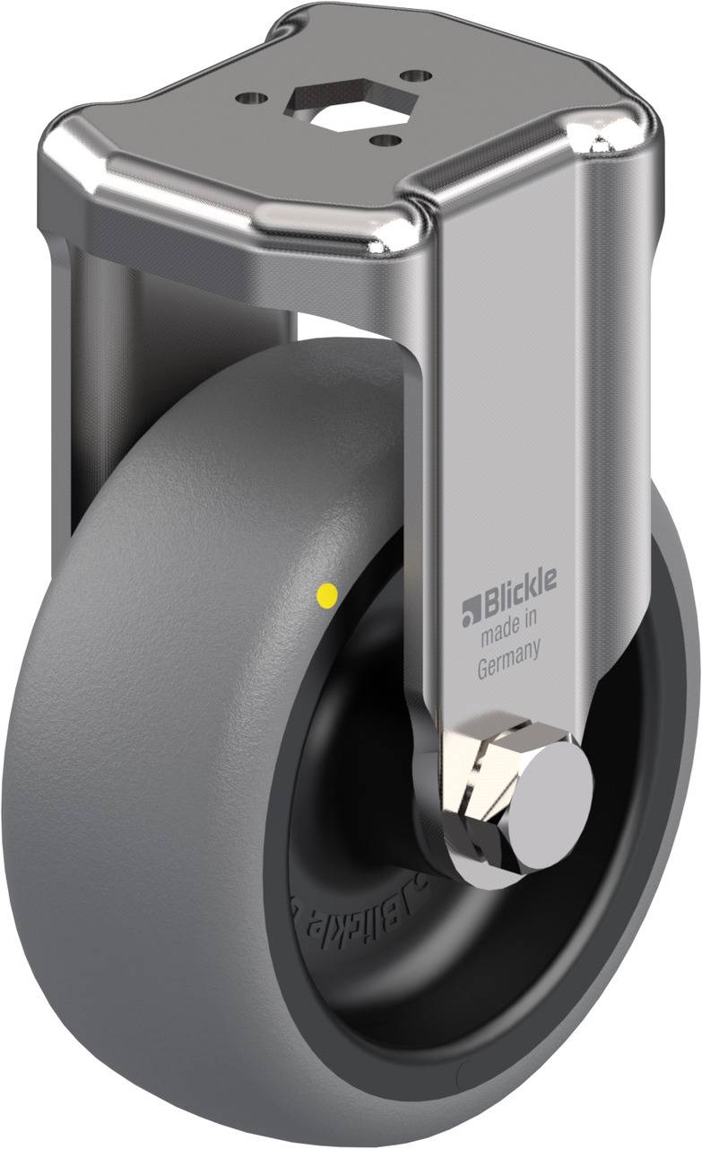 Schwenkrolle mit grauer Gummibereifung und silbernem Gehäuse, geeignet für Möbel oder Geräte, robust und in Deutschland hergestellt.