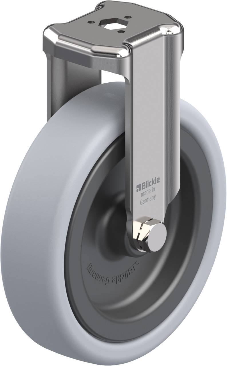 Graues Rad mit robustem Metallgehäuse, Aufschrift 'Blickle Made in Germany' auf der Halterung, geeignet für industrielle Anwendungen.
