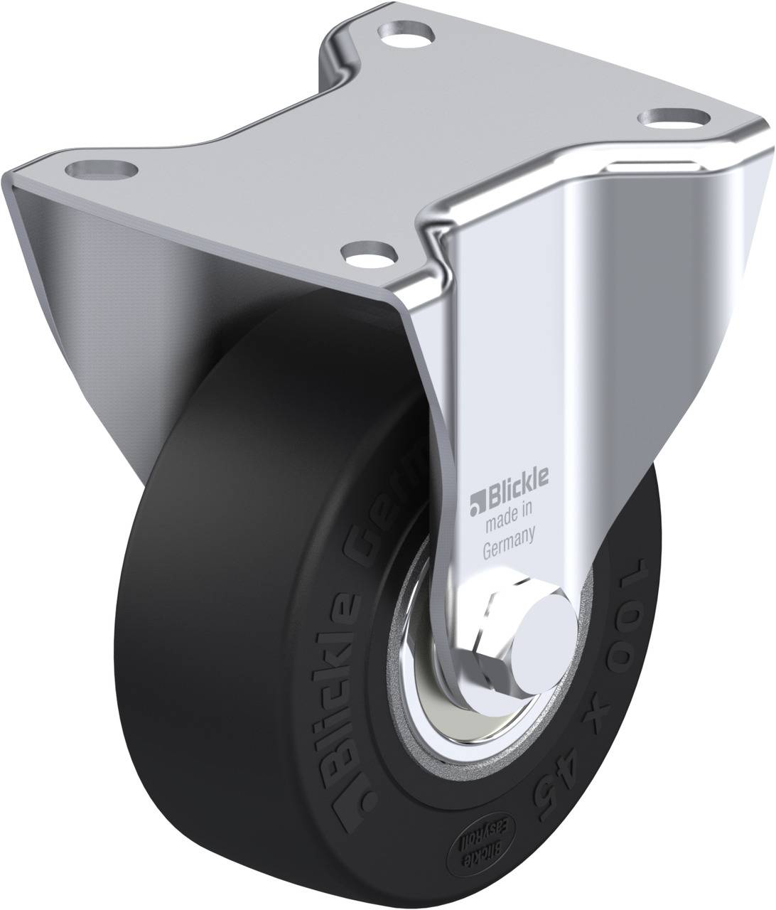 Schwenkrolle mit schwarzem Rad, montiert an einer silbernen Halterung. Aufdruck 'Blickle made in Germany'.