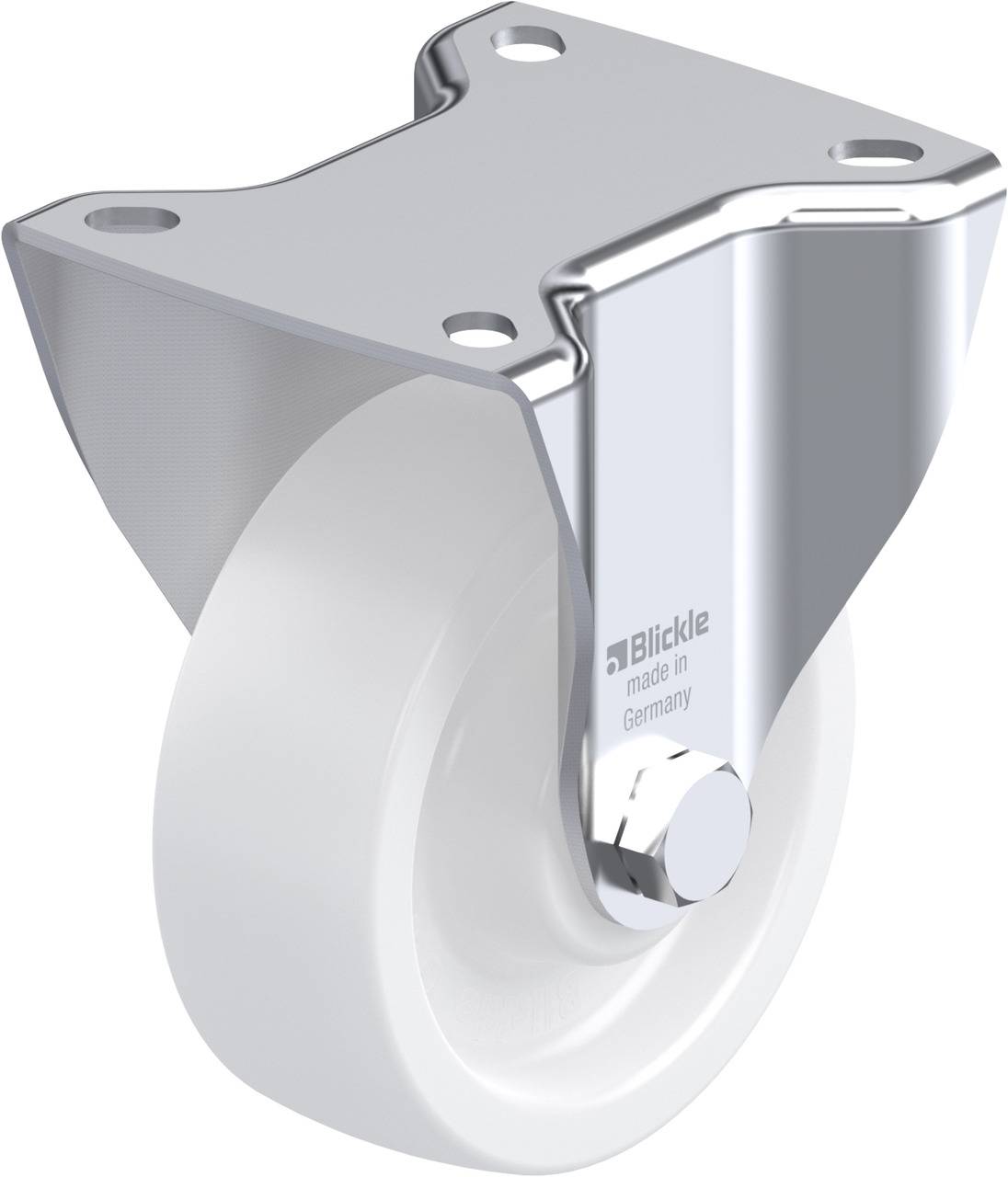 Metallrolle mit weißem Rad, montiert auf einer Halterung, geeignet für Möbel oder Geräte. Markierung: 'Blickle made in Germany'.
