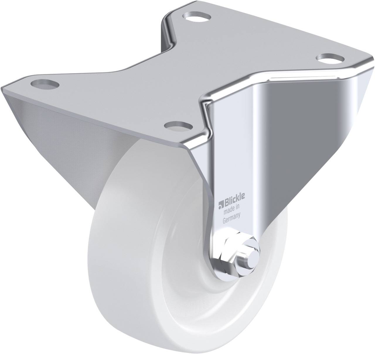 Metallrolle mit einer weißen Radfläche und einem glänzenden, silbernen Träger, geeignet für den industriellen Einsatz.