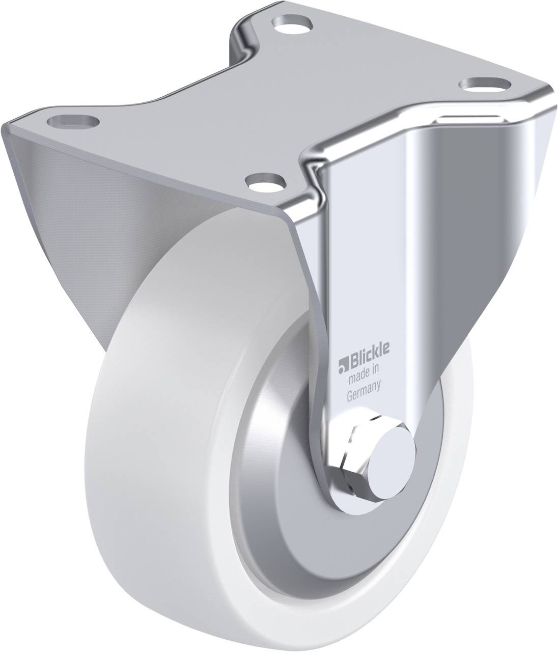 Rolle mit weißem Rad und silberner Halterung, Herstelleraufschrift 'Blickle made in Germany' auf der Halterung.