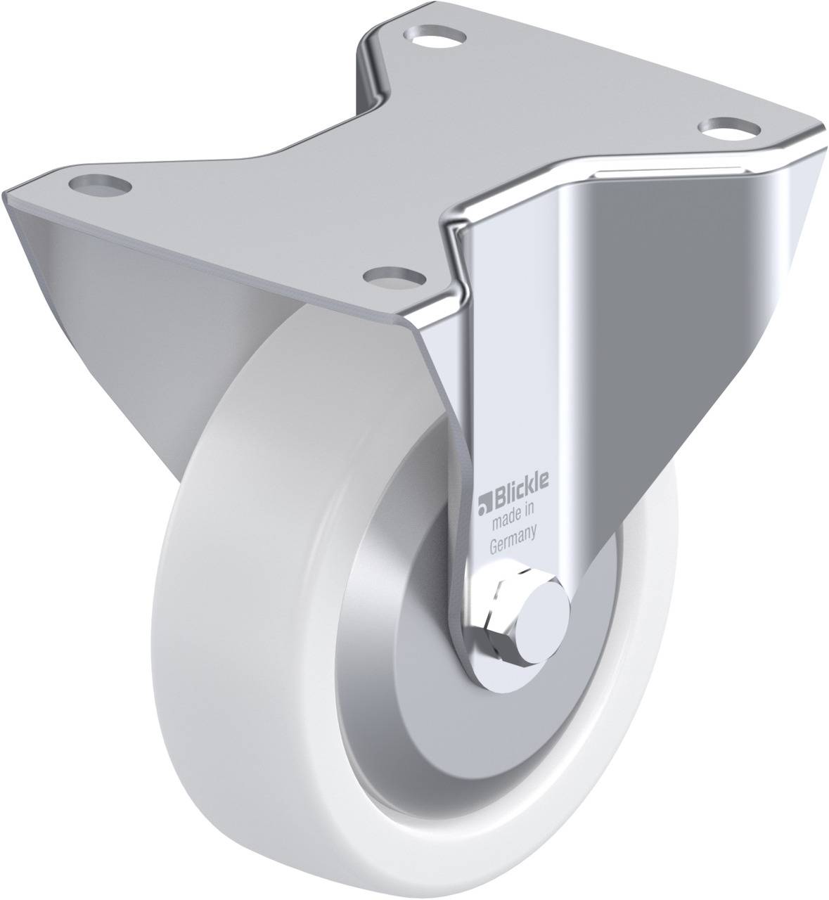 Metallisches Lenkrolle mit weißem Rad aus Kunststoff, sichtbarer Befestigungsplatte und Schriftzug 'Blickle made in Germany'.