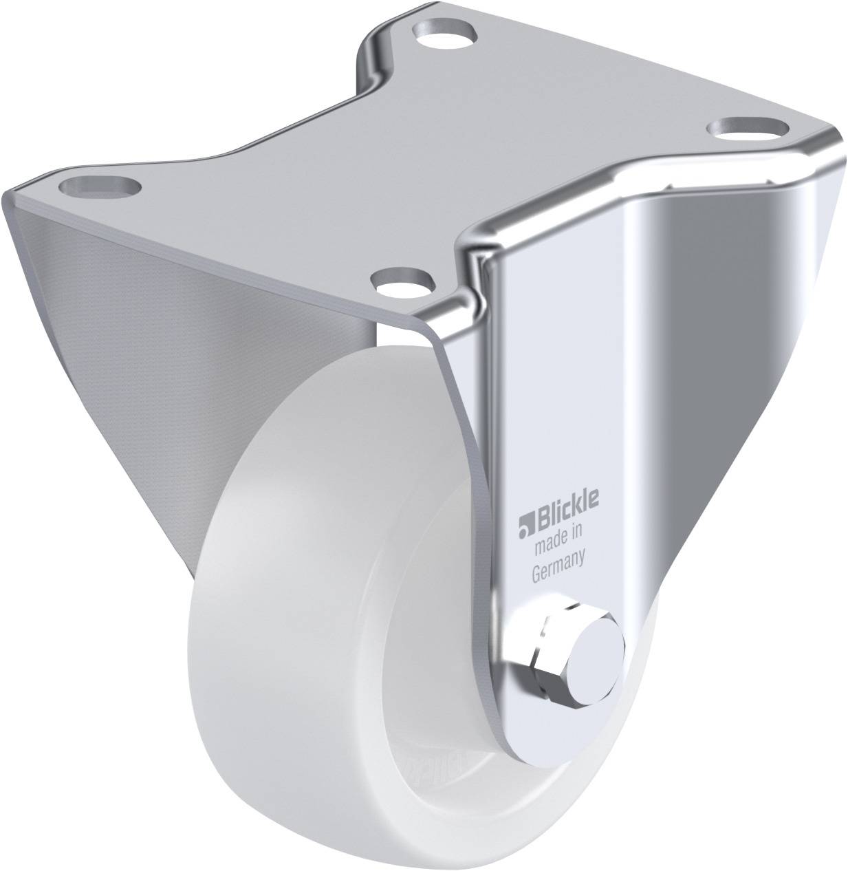 Rolle mit weißem Rad und silbernem Gehäuse, geeignet für schwere Lasten. Aufdruck 'Blickle made in Germany'.