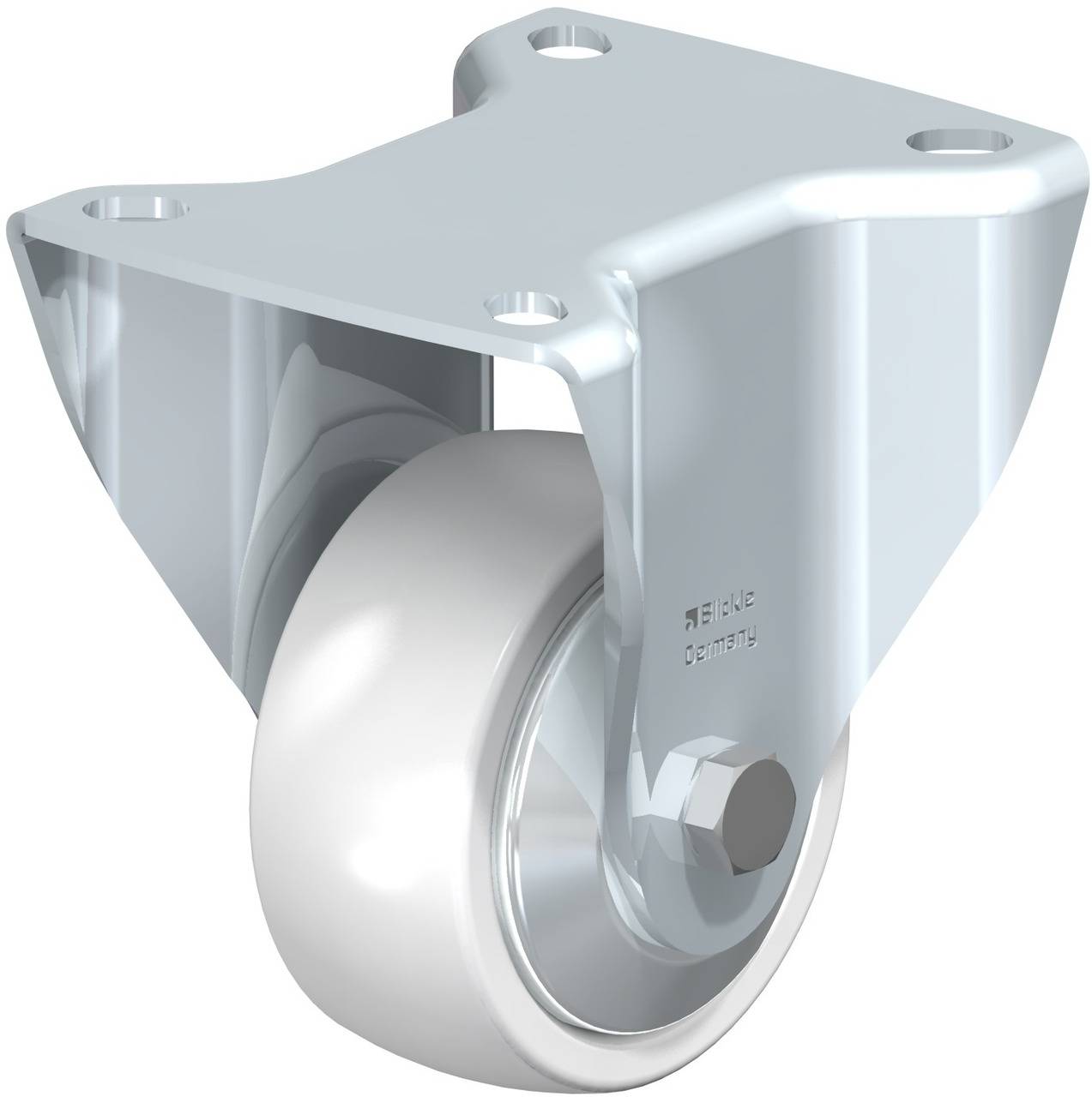 Ein weißes Rad mit einem Metallgehäuse, geeignet für industrielle Anwendungen. Konzipiert für schwere Lasten und robuste Oberflächen.