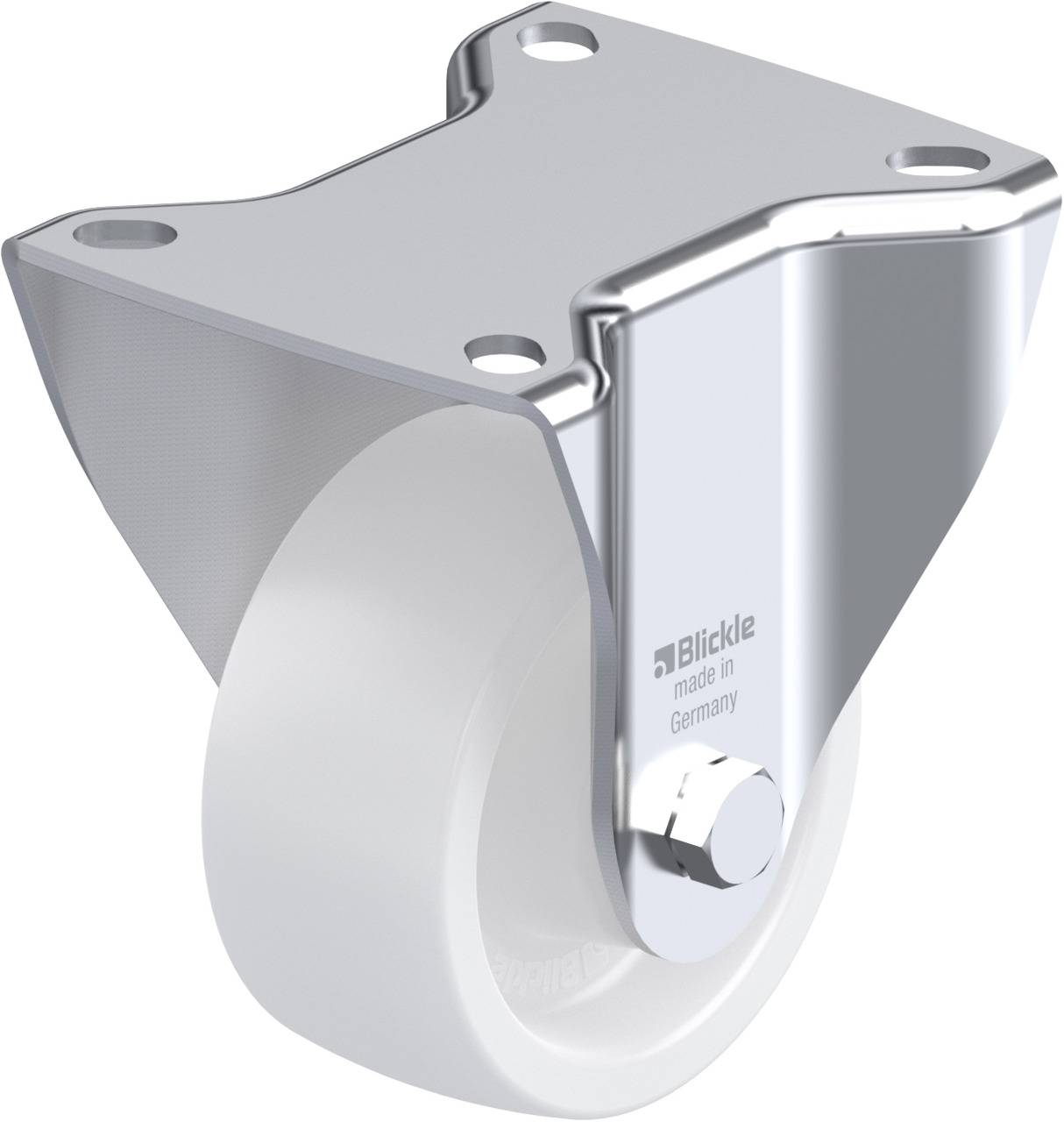 Ein weißes Laufrollenrad mit einer silbernen Metallhalterung, gekennzeichnet mit 'Blickle made in Germany' an der Halterung.