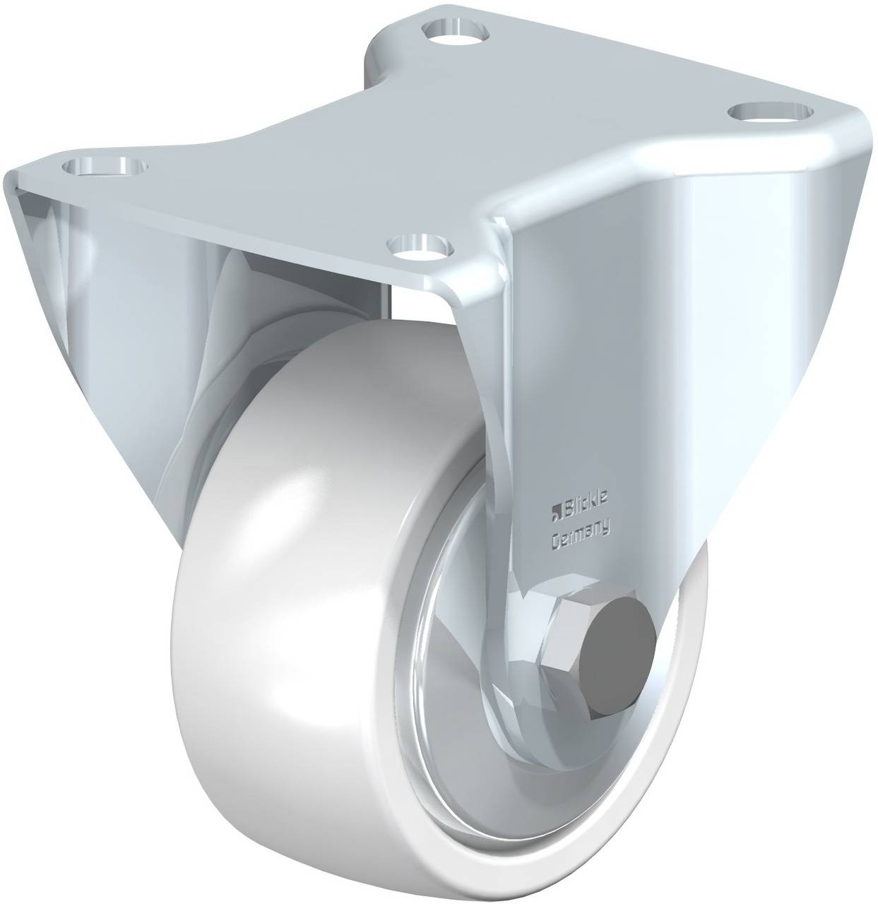 Metallisches Lenkrollenrad mit glänzendem Gehäuse und weiße Gummireifen, verwendet für Möbel oder Transportgeräte.