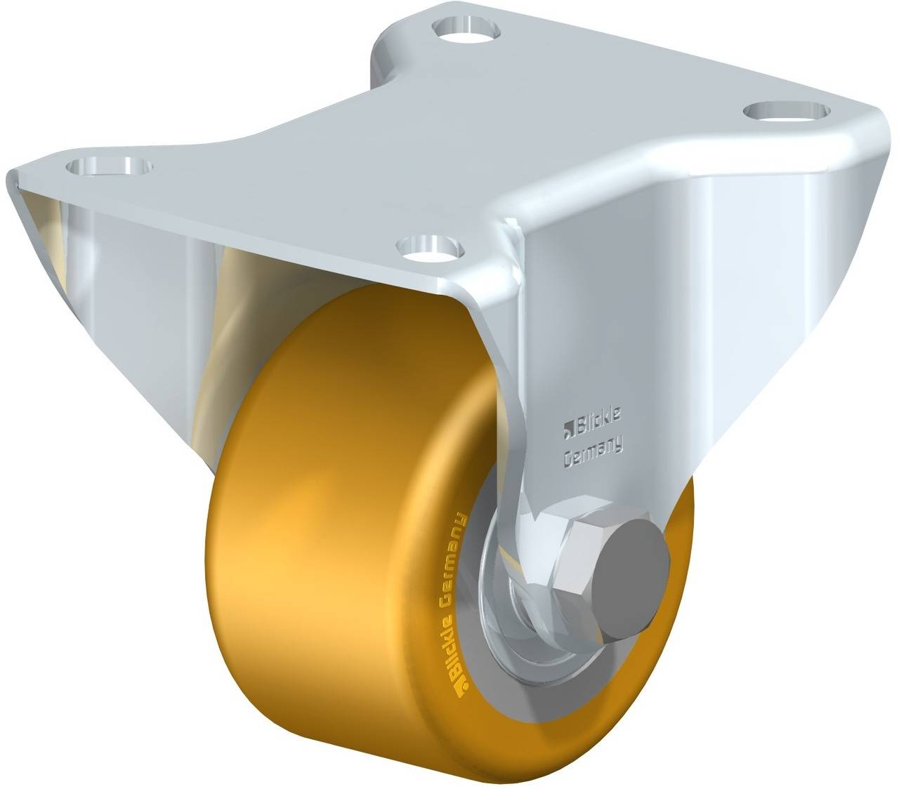 Industrie-Schwenkrolle mit goldfarbenem Rad und silbernem Gehäuse. Geeignet für schwere Lasten in industriellen Umgebungen.