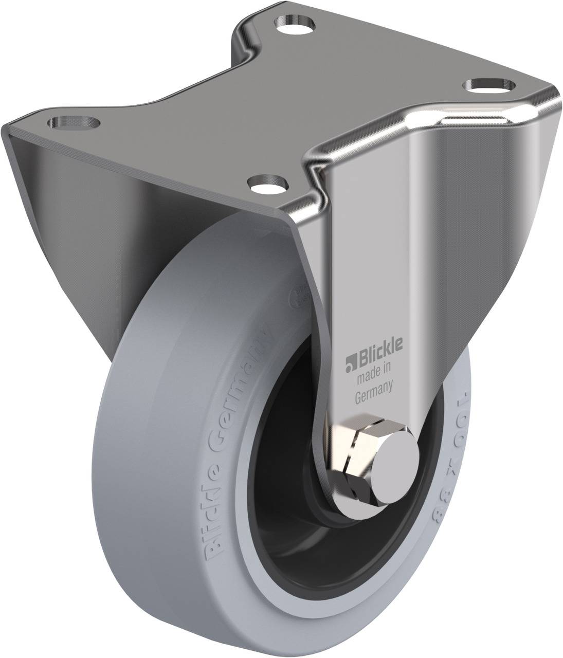 Schwenkrolle mit grauem Gummirad und einem stabilen, metallischen Gehäuse. Rad ist für den industriellen Einsatz geeignet.