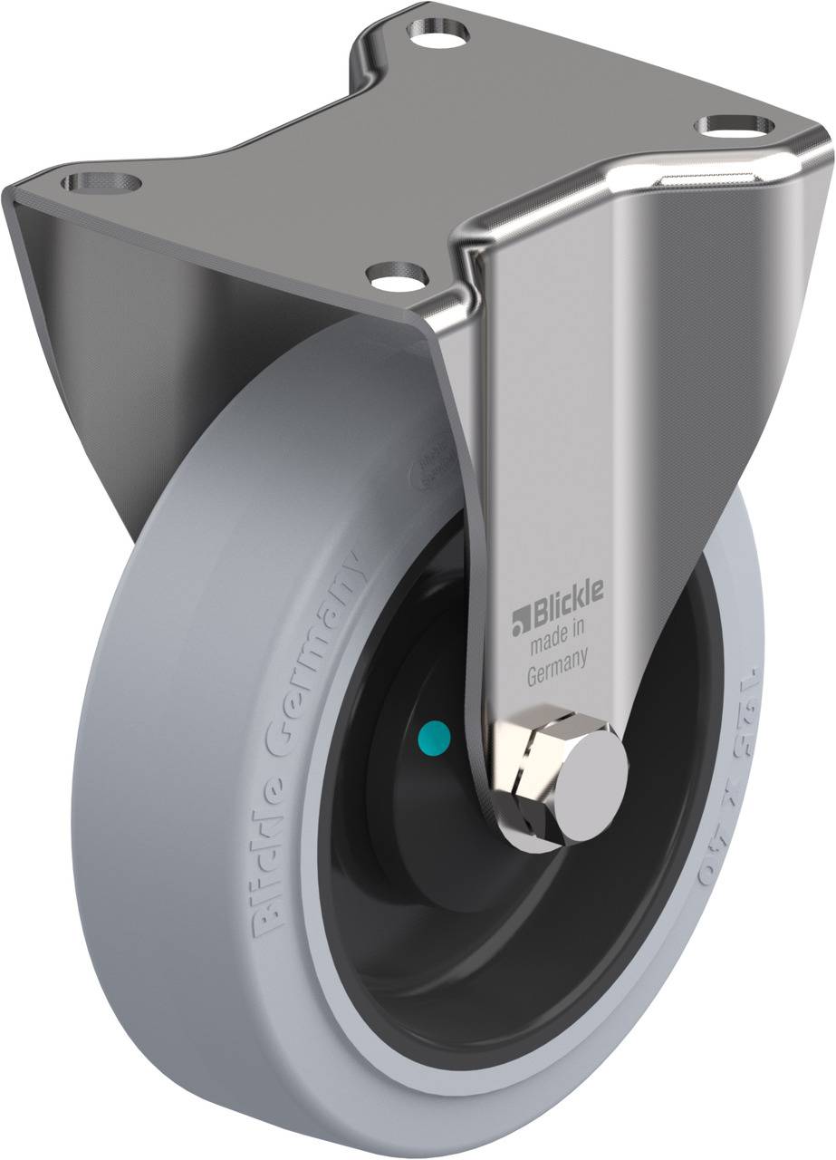 Schwenkrolle mit grauem Rad, Metallgehäuse und Befestigungsplatte. Hergestellt in Deutschland. Geeignet für industrielle Anwendungen.