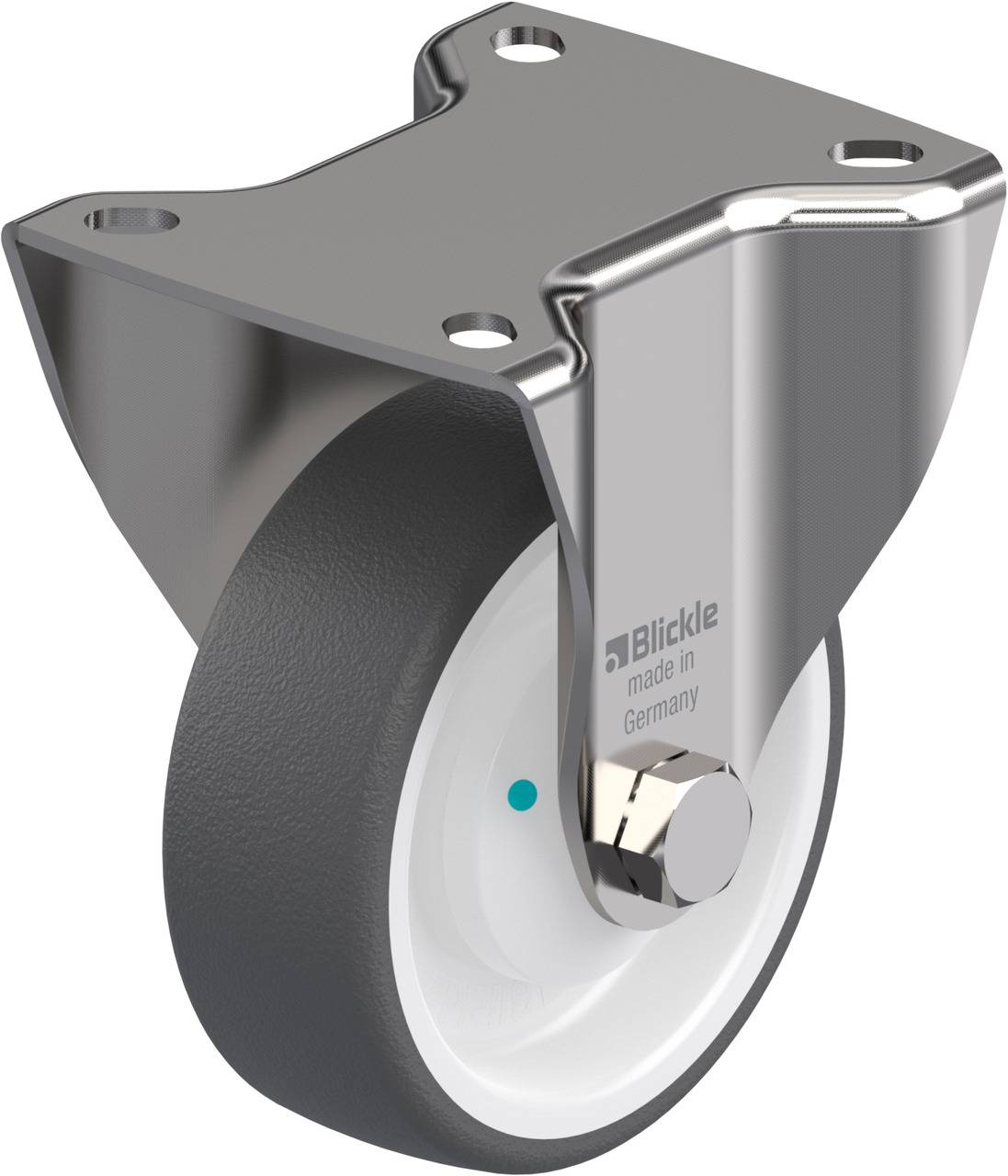 Metallrolle mit grauem Rad und weißem Kern, montiert an einer Halterung mit vier Löchern. Markierung 'Blickle made in Germany'.