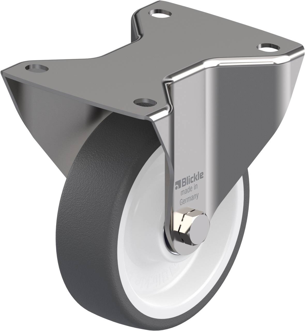 Metallrolle mit grauem Rad und Montageplatte, geeignet für schwere Lasten. Aufdruck 'Blickle, made in Germany'.