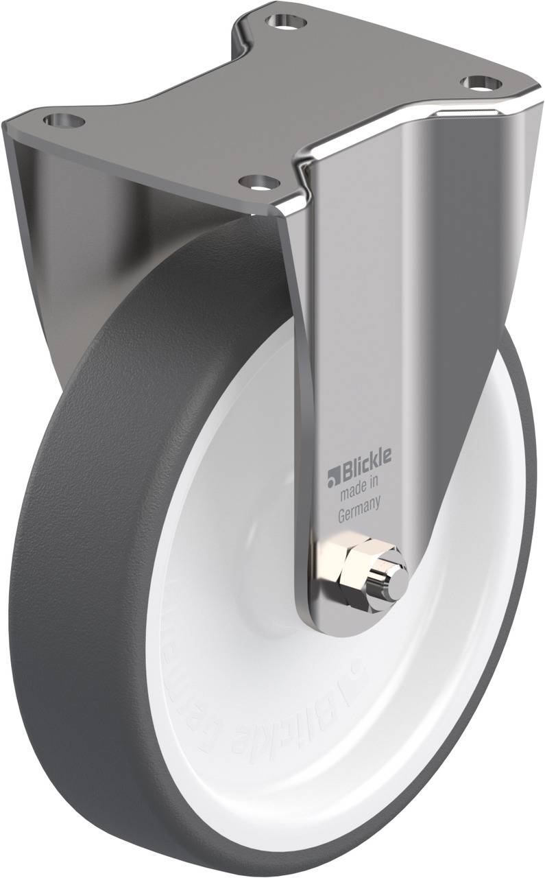 Grau-weiße Rolle mit Metallhalterung für schwere Lasten. Aufgedruckter Text: 'made in Germany'.