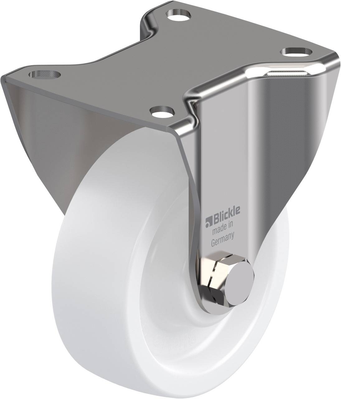 Industrie-Lenkrolle mit weißem Rad und silberner Metallhalterung, geeignet für den Einsatz in Maschinen oder Möbeln.