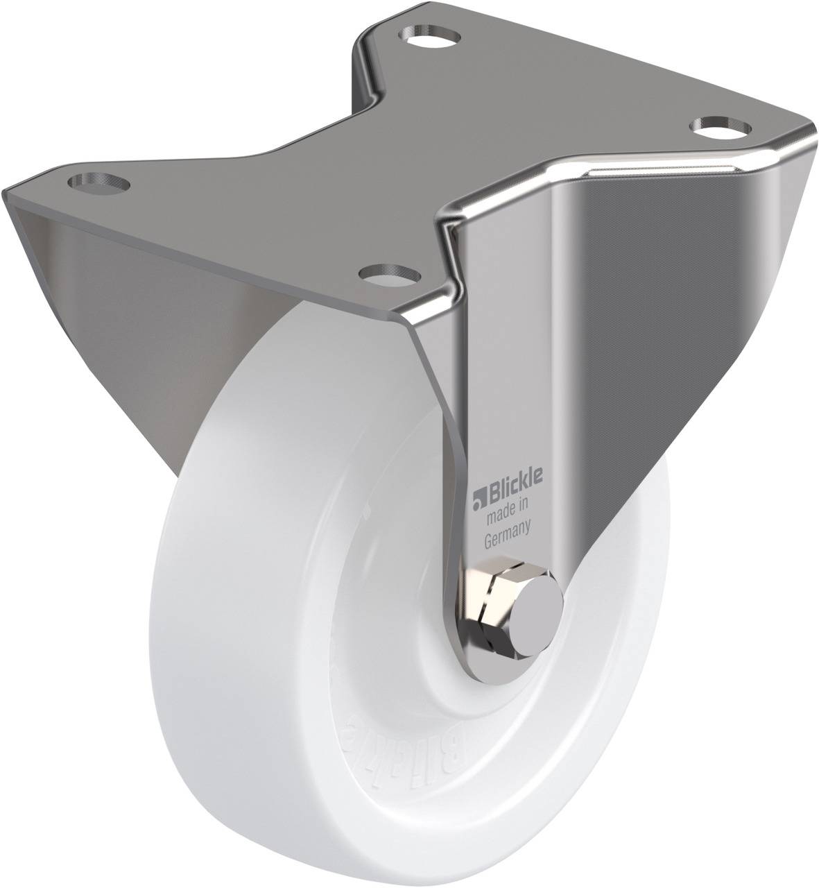 Metall-Lenkrolle mit weißem Kunststoffrad, Hersteller 'Blickle', geeignet für Industrieanwendungen, bietet stabile Mobilität.