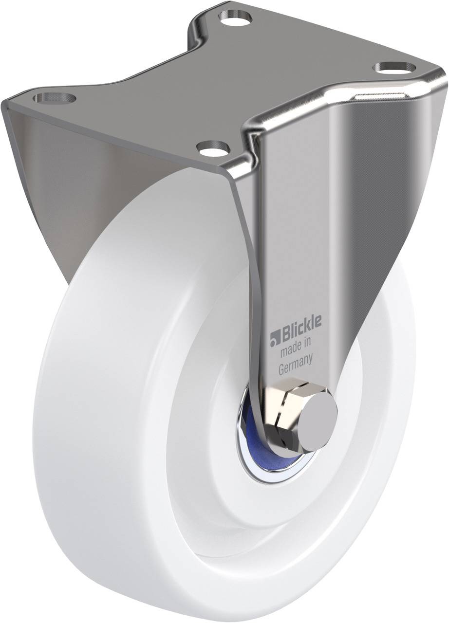 Stahltransportrolle mit weißem Kunststoffrad und grauem Gehäuse. Markenaufschrift: 'Blickle, made in Germany'.