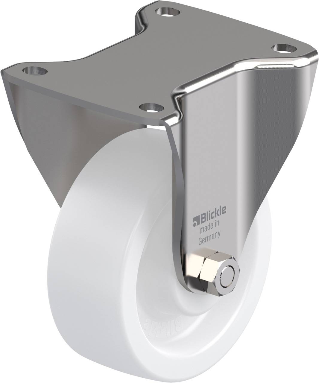 Schwenkrolle aus Metall mit weißem Rad, geeignet für den industriellen Gebrauch. Aufschrift 'Blickle, made in Germany'.