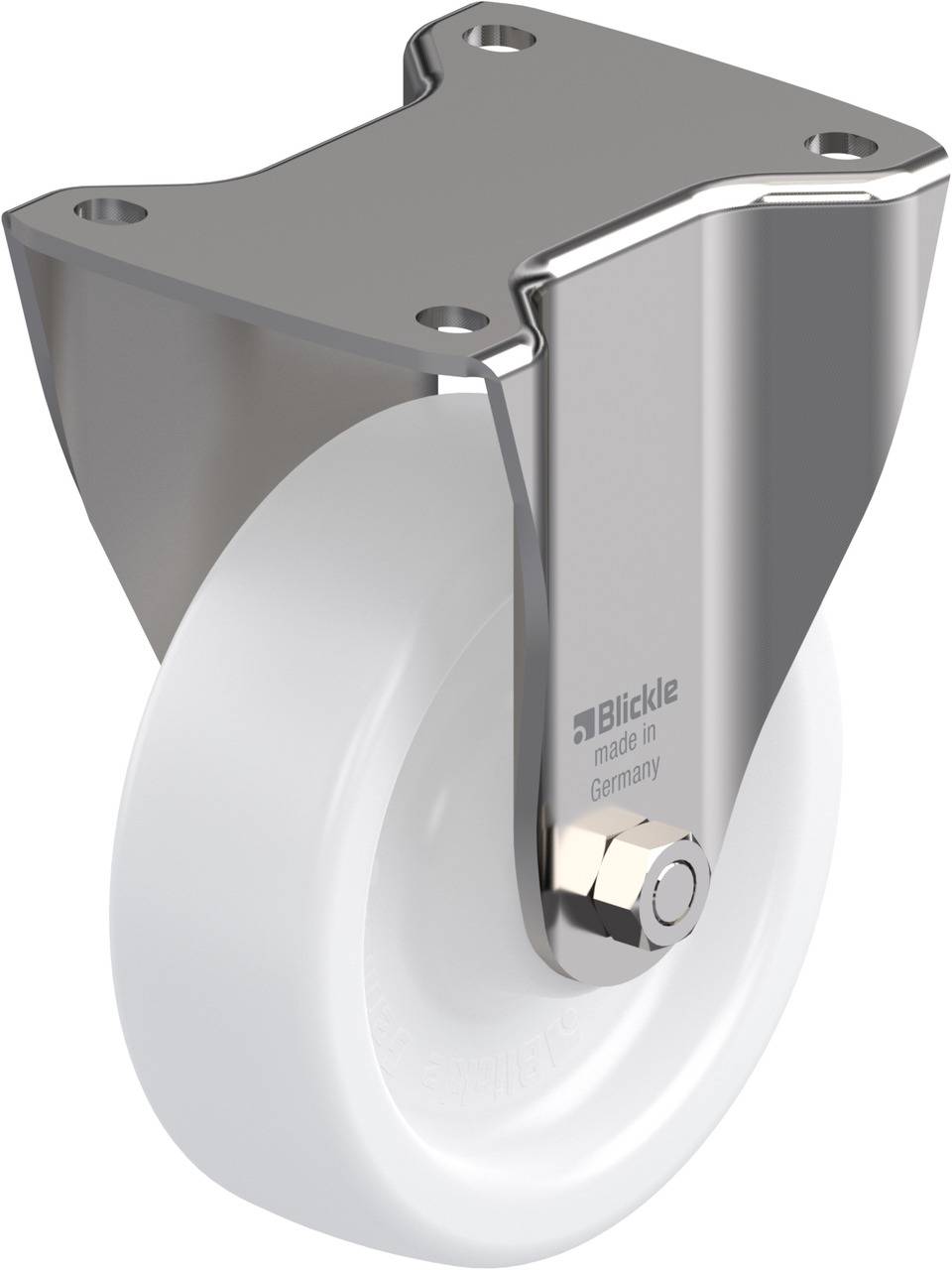 Lenkrolle aus Edelstahl mit weißem Rad, geeignet für Möbel oder Geräte.