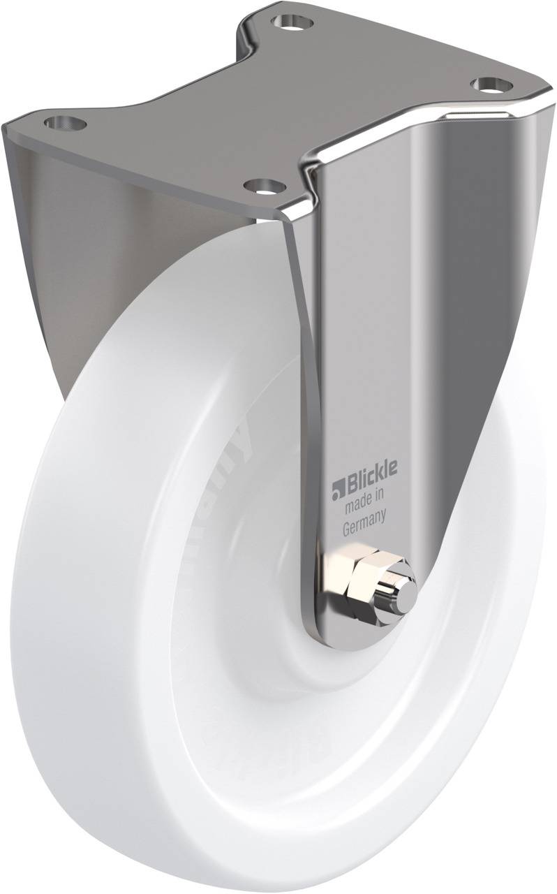 Hochbelastbares Lenkrolle mit Edelstahlgehäuse und weißem Rad, geeignet für Schwerlastanwendungen.