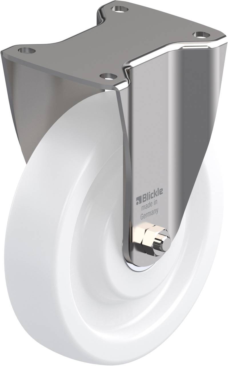 Scharnausrolle mit weißem Rad und silberner Metallhalterung von Blickle, für industrielle Anwendungen.