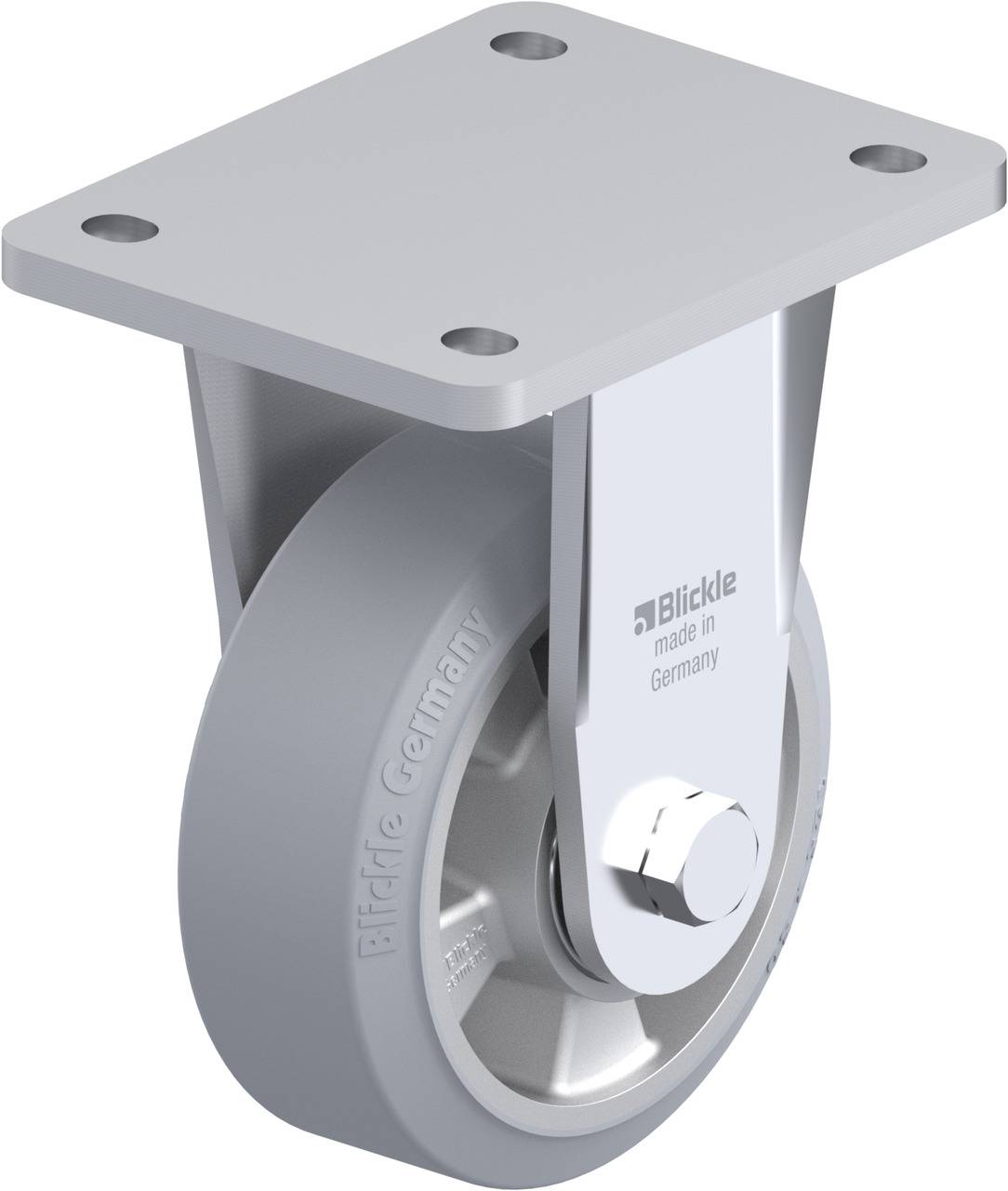 Graues Lenkrollenrad mit Metallplatte und Schraubverschluss. Aufschrift 'Blickle made in Germany'. Geeignet für Möbel oder Geräte.