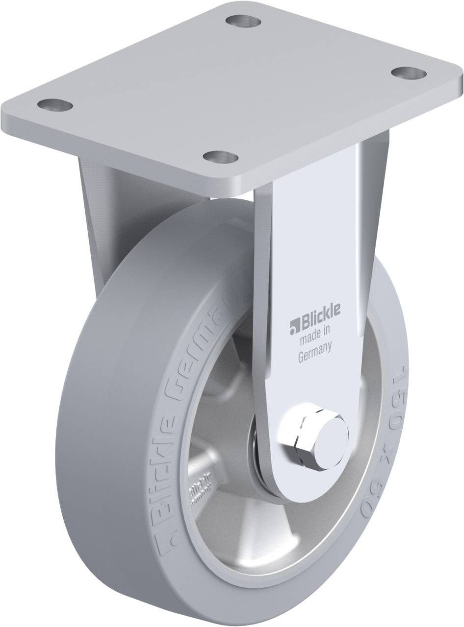 Schwenkrolle mit silbernem Gehäuse und grauem Rad von 'Blickle', hergestellt in Deutschland, für Transportgeräte.