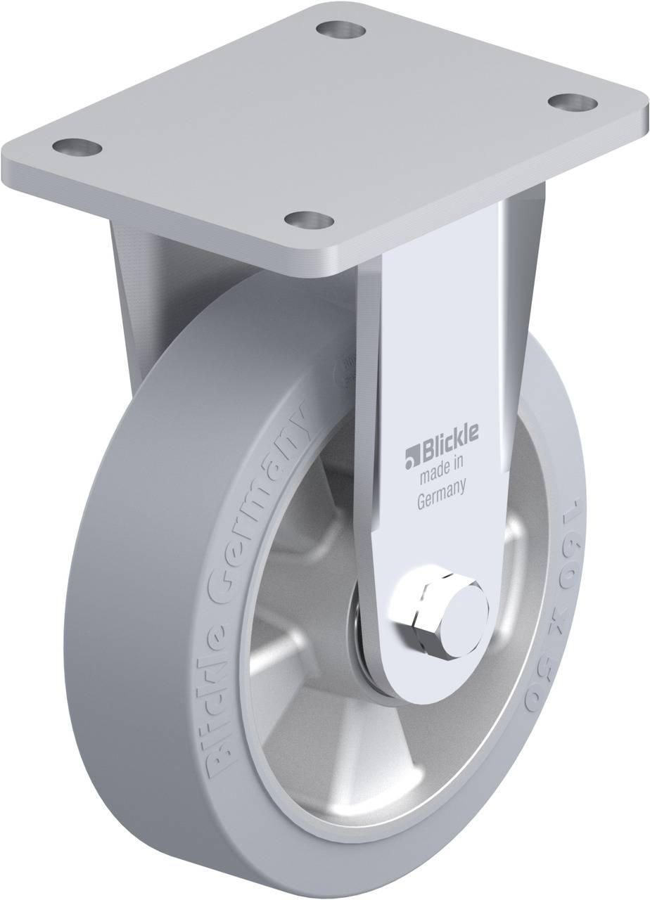 Graue Rollenrolle mit rechteckiger Metallhalterung, geeignet für industrielle Anwendungen. Inschrift 'Blickle made in Germany'.