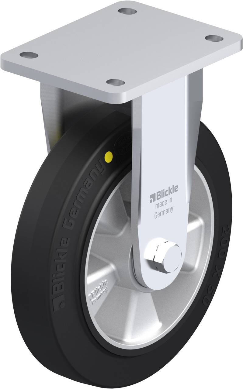 Metallisches Lenkrolle mit schwarzem Gummi-Rad. Geprägte Markierung: 'Blickle made in Germany'. Darstellung Technikerzeugnis.