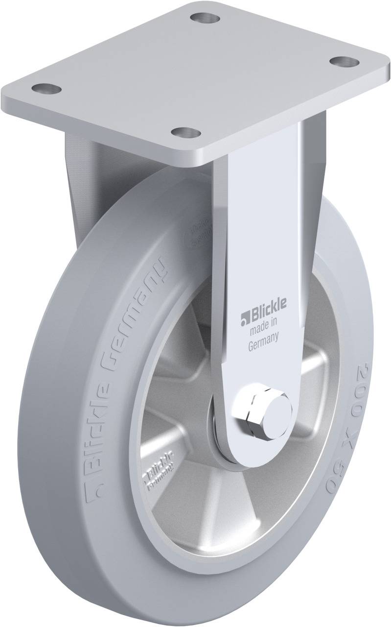 Industrie-Schwenkrolle mit Metallgabel und grauem Gummirad, Markenname 'Blickle' auf der Seite des Rades.