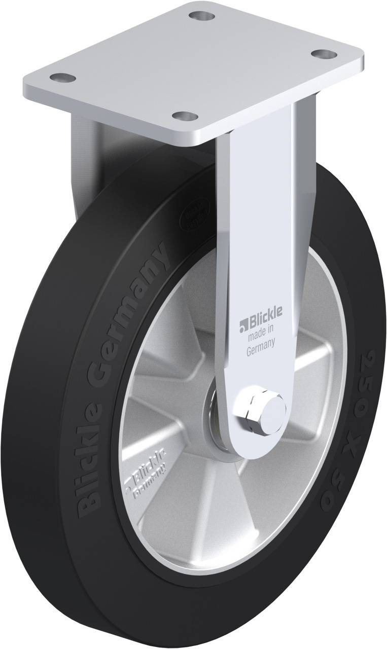 Ein schwarzes Rollenrad mit Befestigungshalterung und der Aufschrift 'Blickle Germany'.