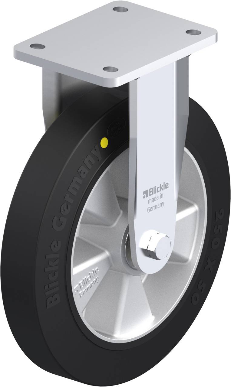 Industrielles Lenkrollenrad aus schwarzem Gummi und Metall. Aufschrift 'Blickle made in Germany' auf dem Rad. Schraubplatte oben.