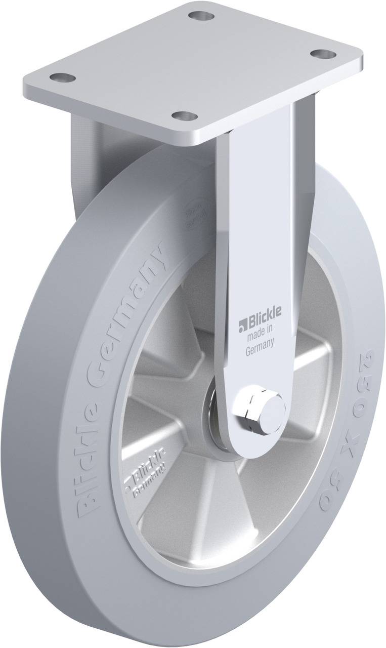 Graues Schwerlast-Lenkrolle mit Befestigungsplatte, hergestellt von 'Blickle' in Deutschland, zeigt robuste Konstruktion für Industrieanwendungen.