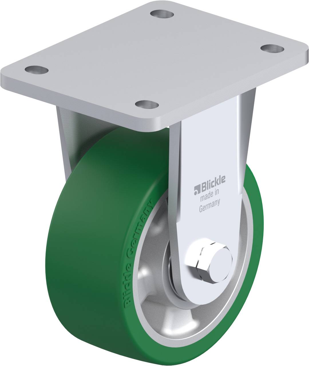 Schwenkrolle mit grünem Rad und rechteckiger Montageplatte, markiert mit 'Blickle made in Germany', geeignet für Transportwagen.
