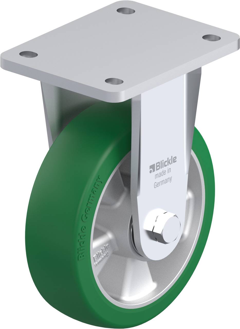 Metallrolle mit grünem Rad, Beschriftung 'Blickle made in Germany' auf der Halterung, geeignet für schwere Lasten.
