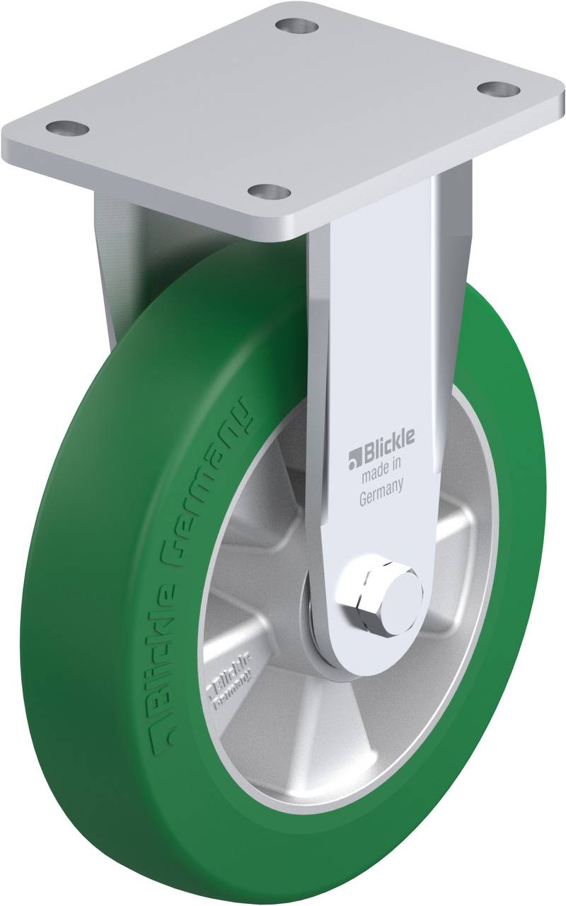 Rolle mit grünem Rad und silbernem Gehäuse, markiert mit 'Blickle made in Germany', geeignet für Trolleys oder Möbel.