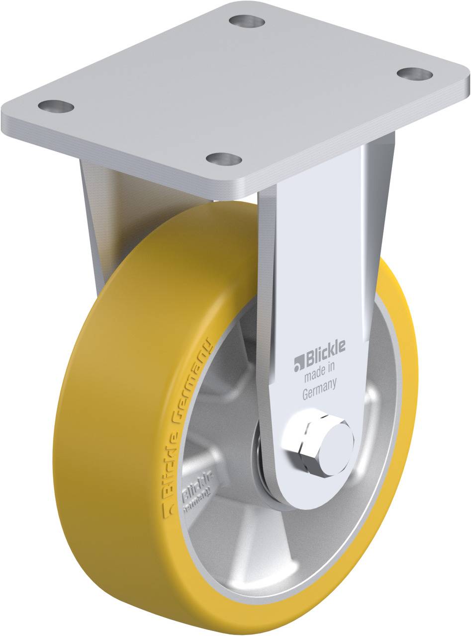 Ein robustes Schwerlast-Lenkrolle mit gelbem Reifen, montiert auf Metallhalterung. Aufschrift: 'Made in Germany'. Geeignet für industrielle Anwendungen.