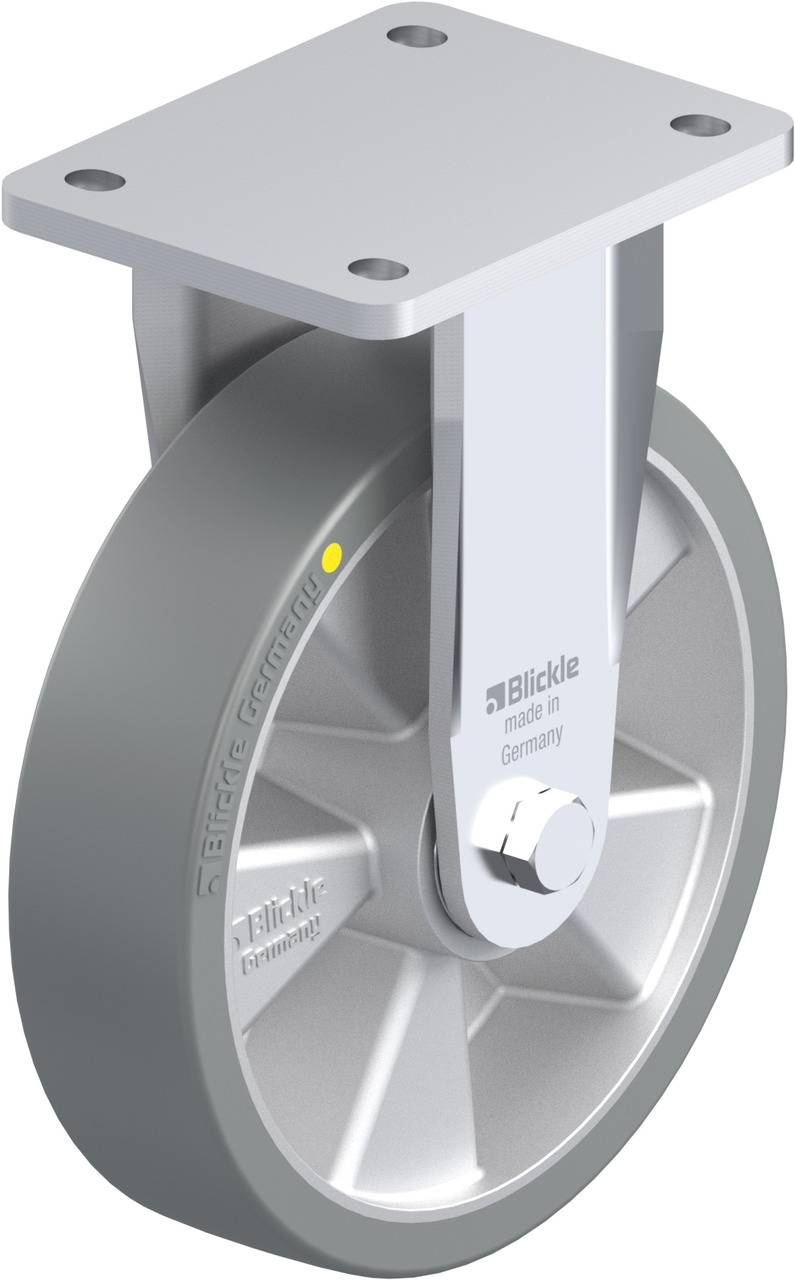 Industrie-Rollen, grau, mit rechteckiger Montageplatte. Graviert mit 'Blickle' und 'made in Germany'.