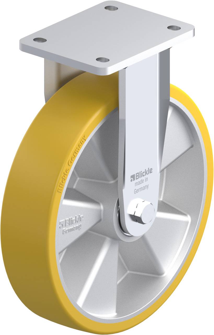 Gelbes Rad mit Metallbacke und Befestigungsplatte, beschriftet mit 'Blickle, made in Germany'.