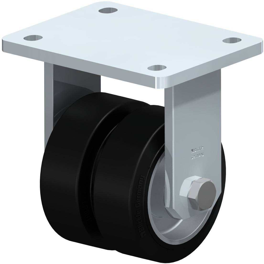 Industrie-Rollenrad aus Metall und Gummi, geeignet für schwere Lasten, mit Metallplatte zur Befestigung.