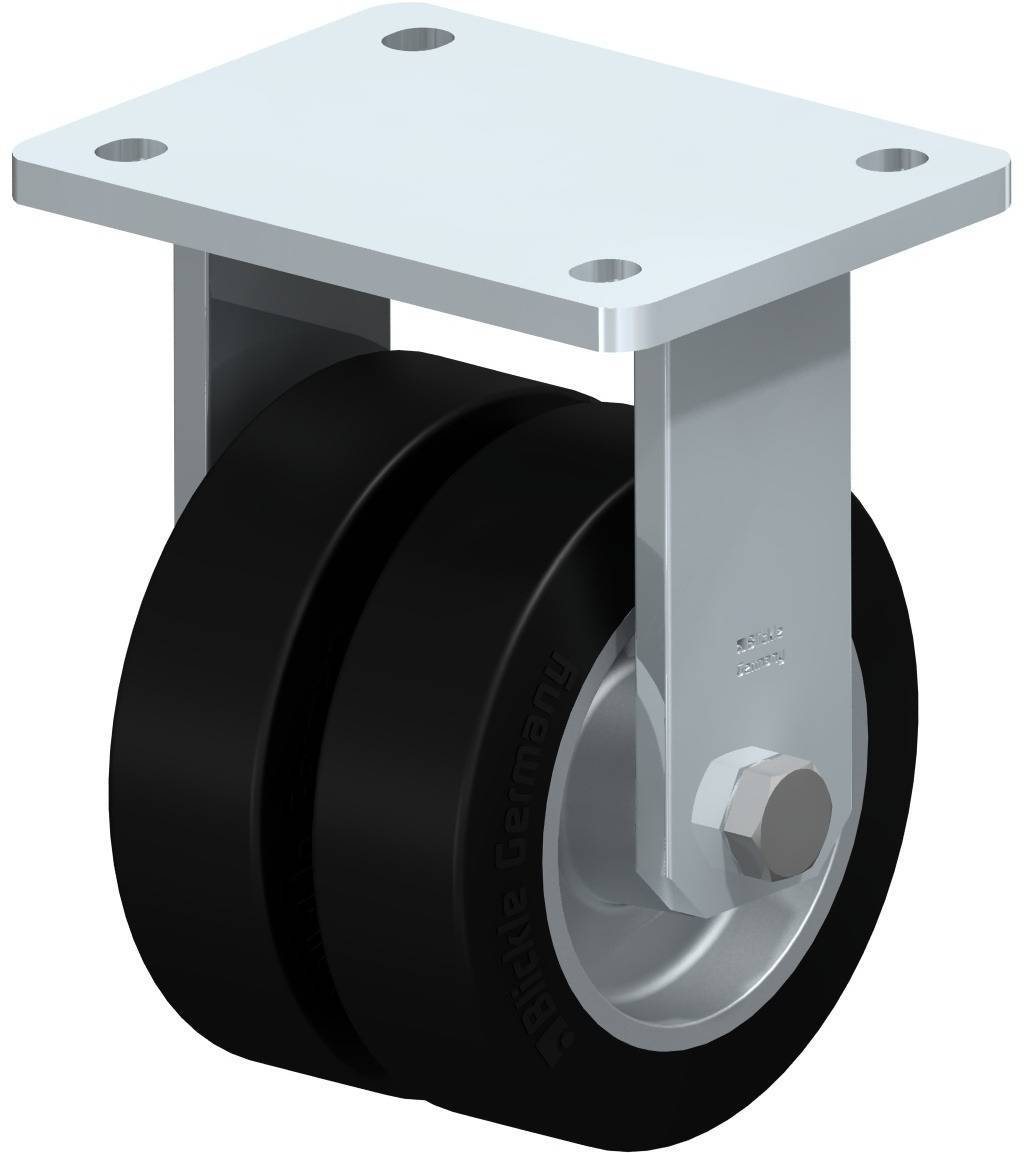 Schwerlastrolle mit doppelten schwarzen Rädern und einer Metallplatte zur Befestigung an einem Objekt.