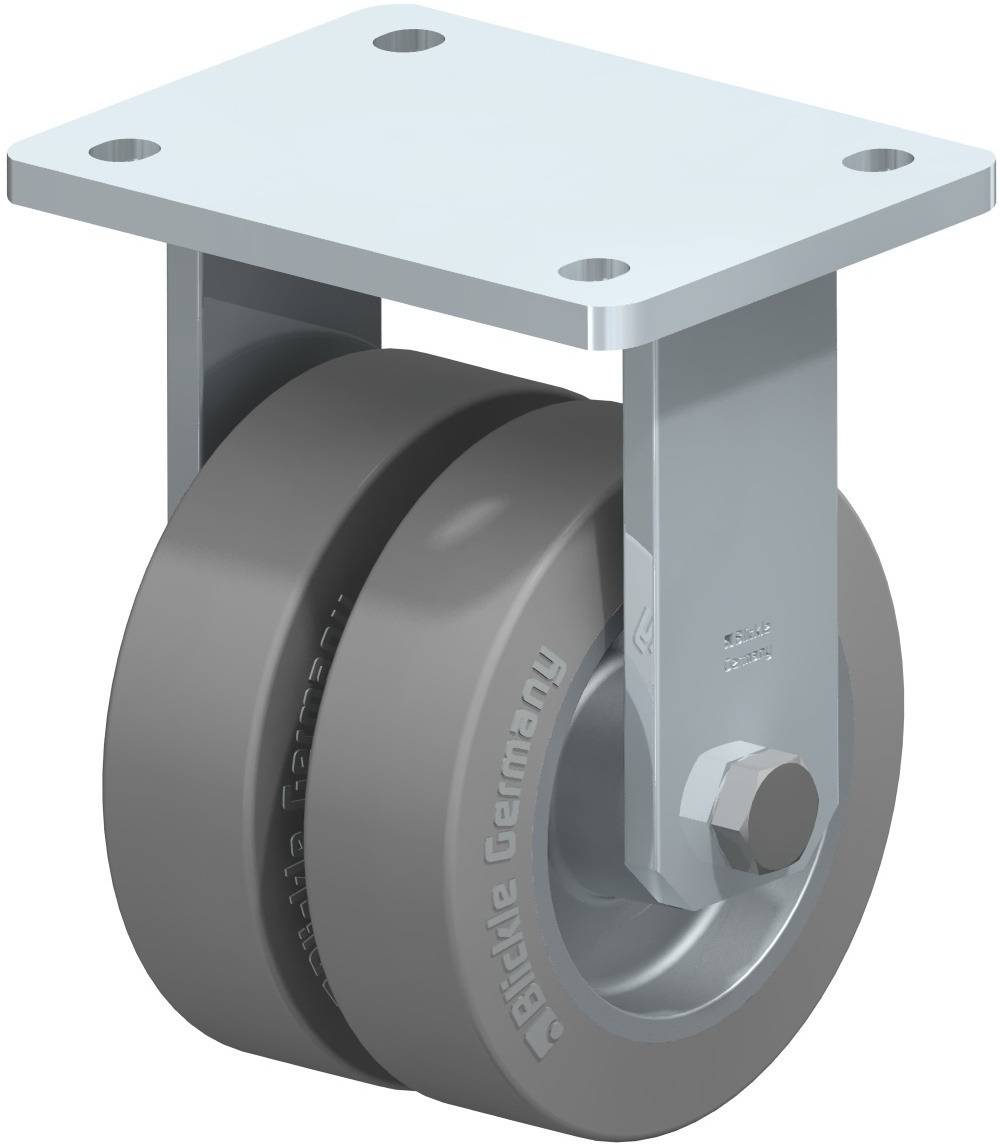 Graue Transportrolle mit Doppelrad und starrer Montageplatte, geeignet für schwere Lasten.